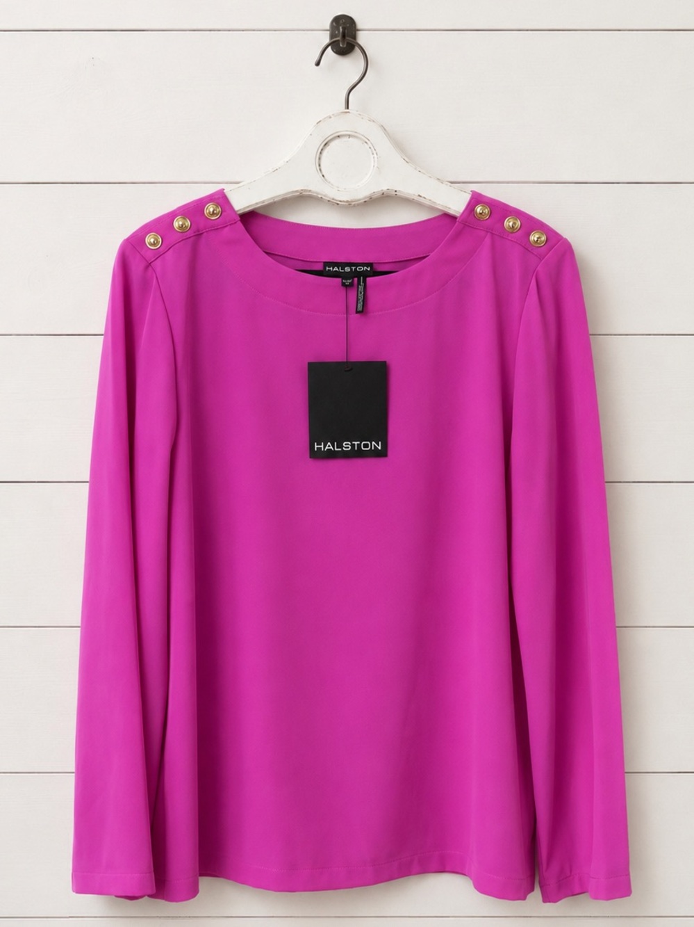 NWT Halston Bright Fuchsia Long-Sleeve Blouse with Gold Shoulder Buttons